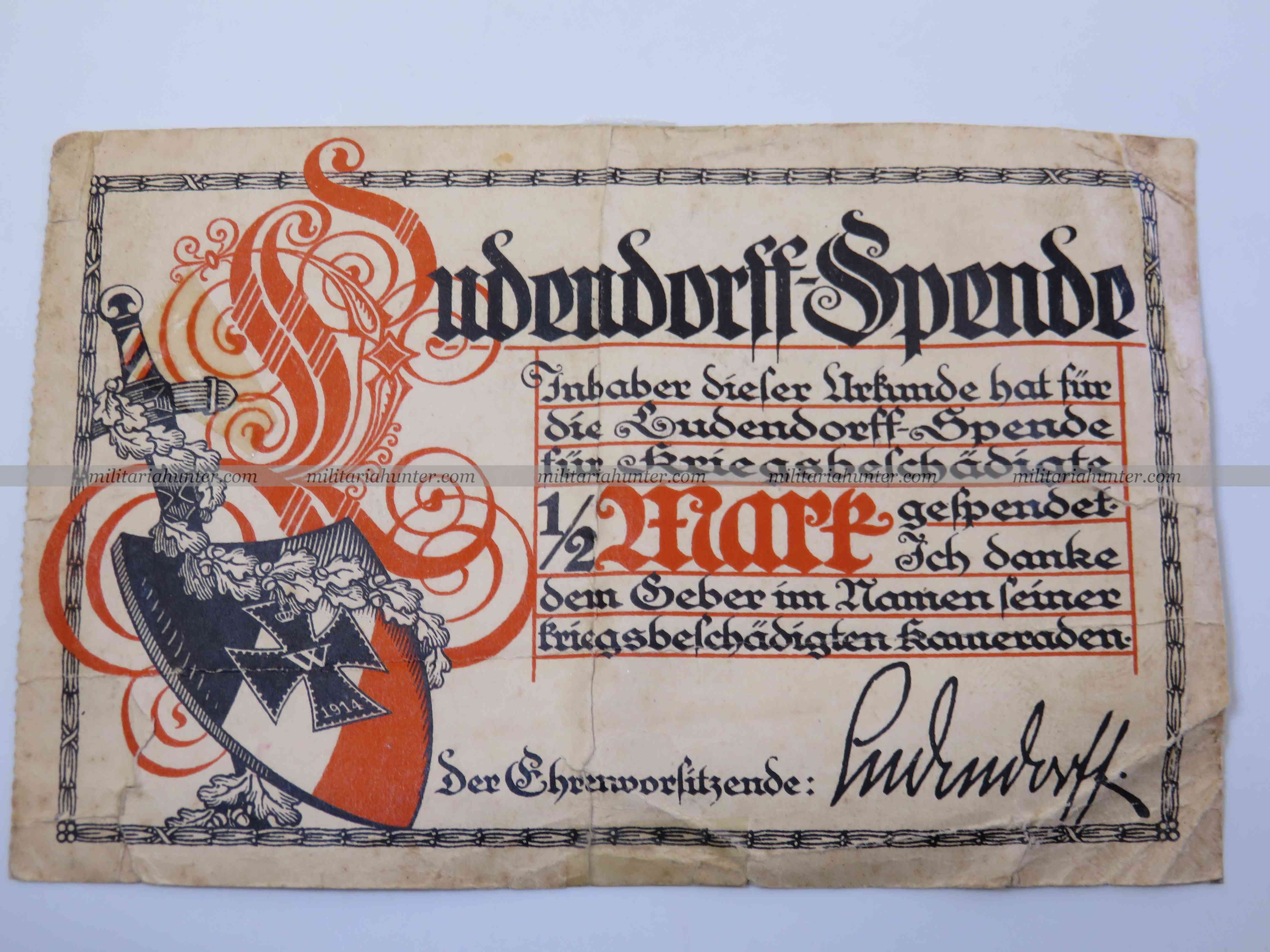 militaria : Quittung 1/2 Mark Ludendorff Spende - Infanterie Regiment Nr 28