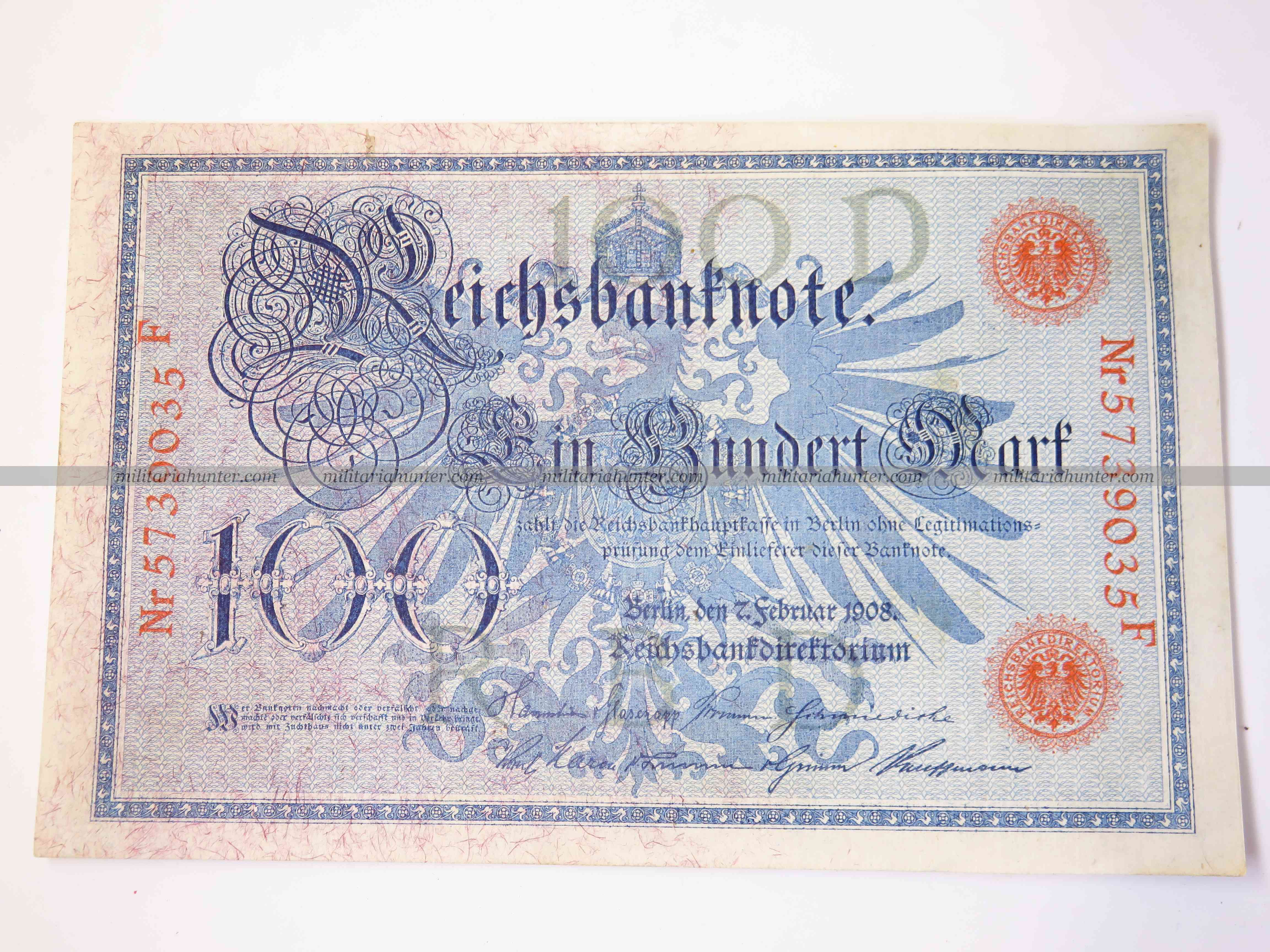 militaria : ww1 german banknote 100 Mark 1908 - billet allemand ww1 de 100 Mark